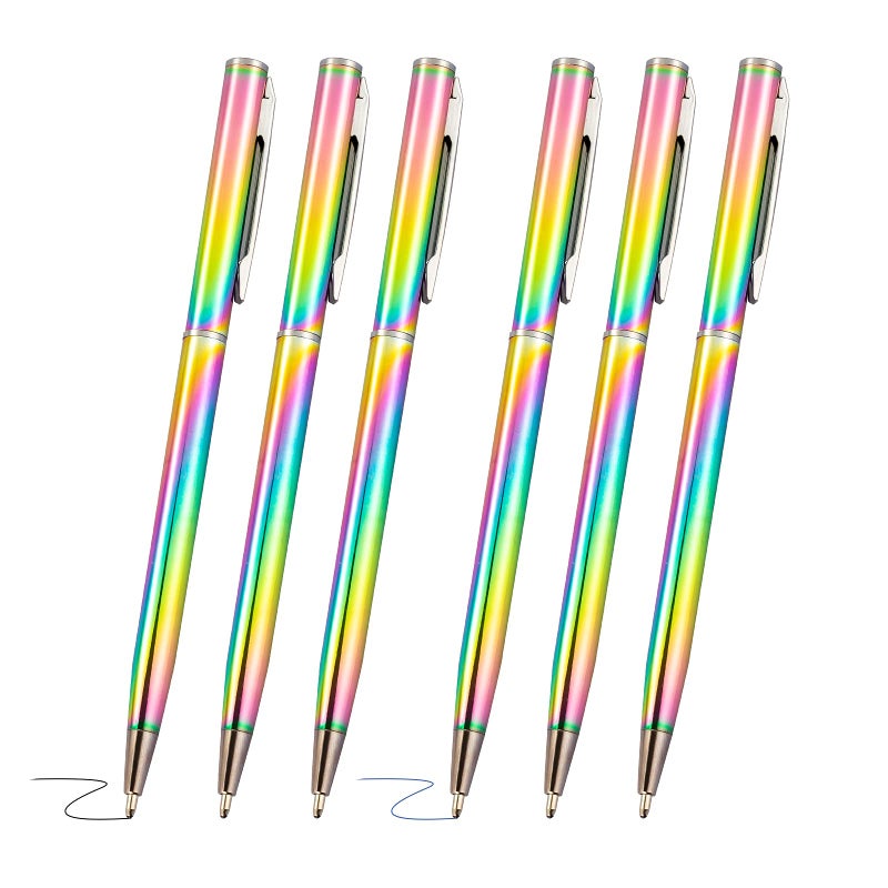 RONRONS 6 Pack Rainbow Slim Retractable Ballpoint Pen Black Ink Metal Pen Office School Supplies - Image 1